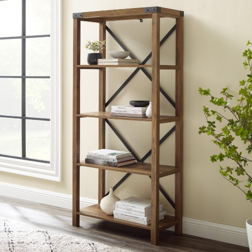 64" Farmhouse Metal Bookcase in Rustic Oak